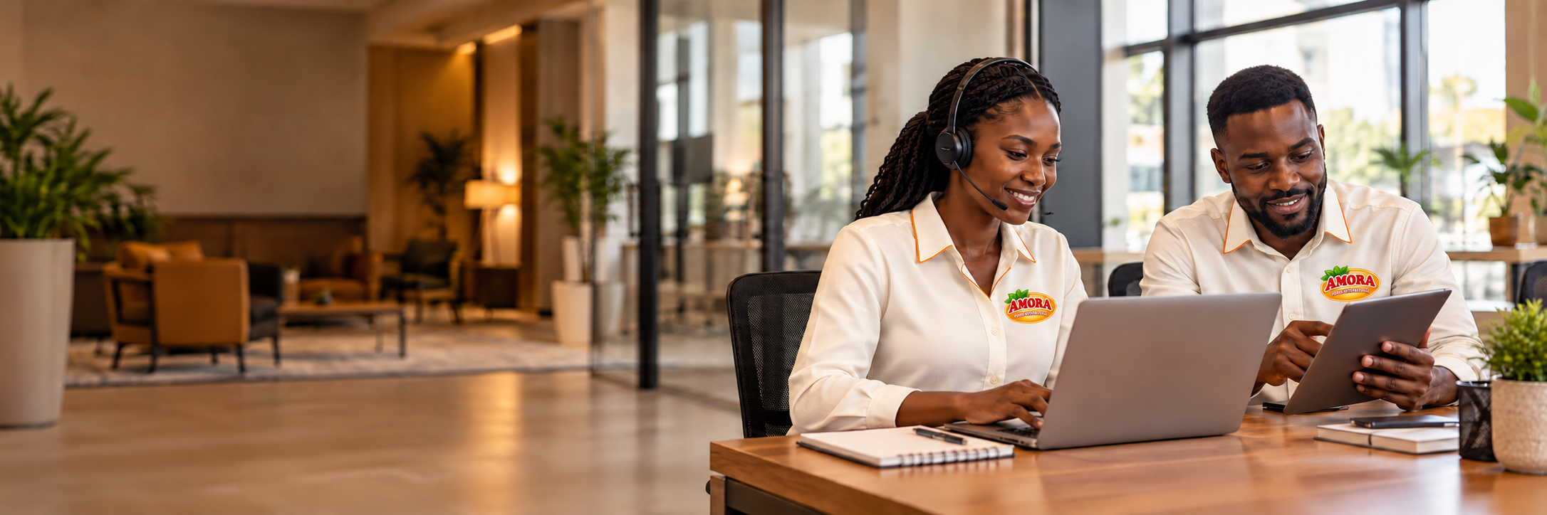 Two Amora customer care representatives in cream shirts with the official Amora logo
